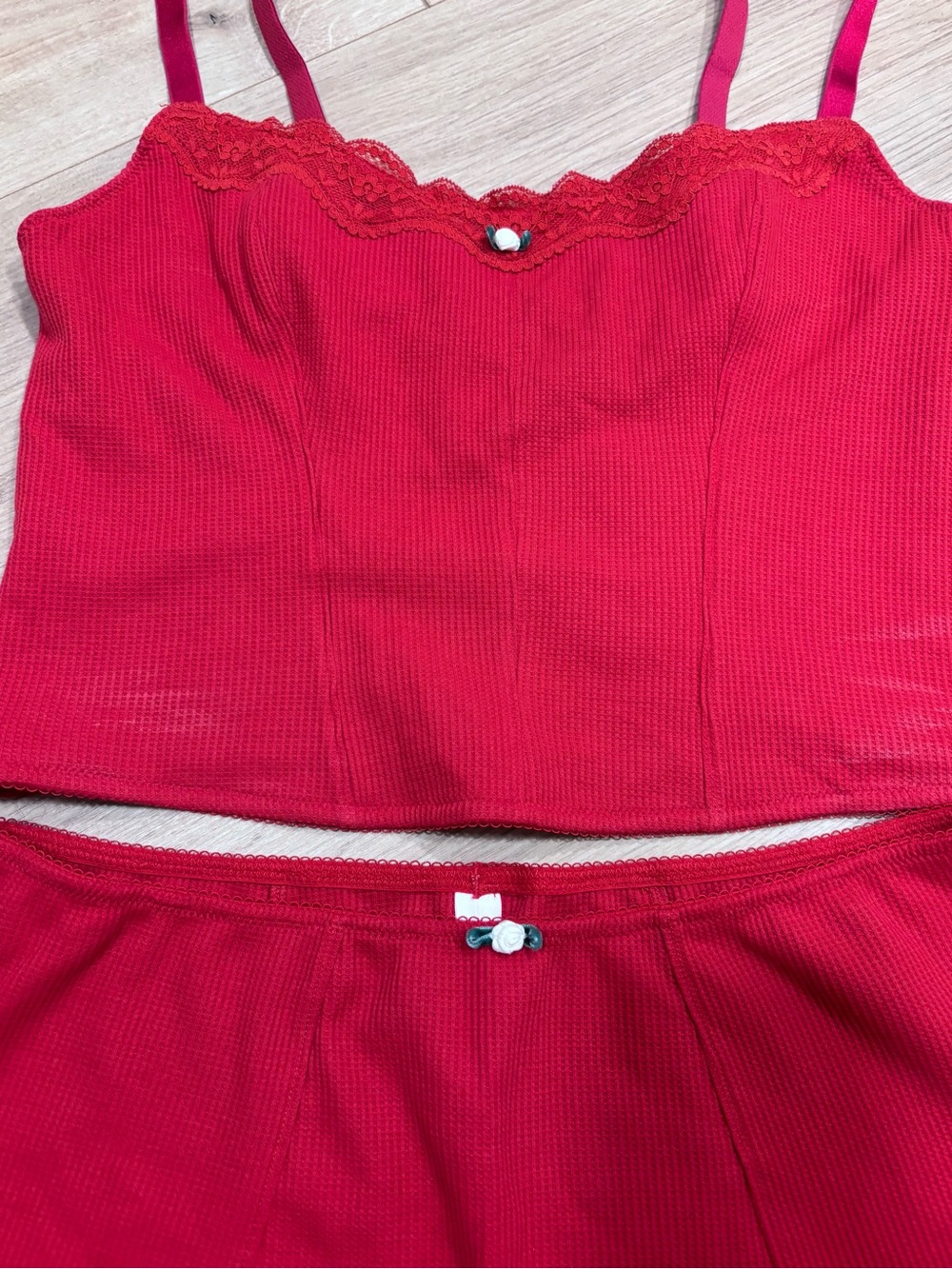 Colsie / target 2 pc Red Lace-Trim Cami and Short Sleep Set waffle knit  Sz L - Picture 3 of 5